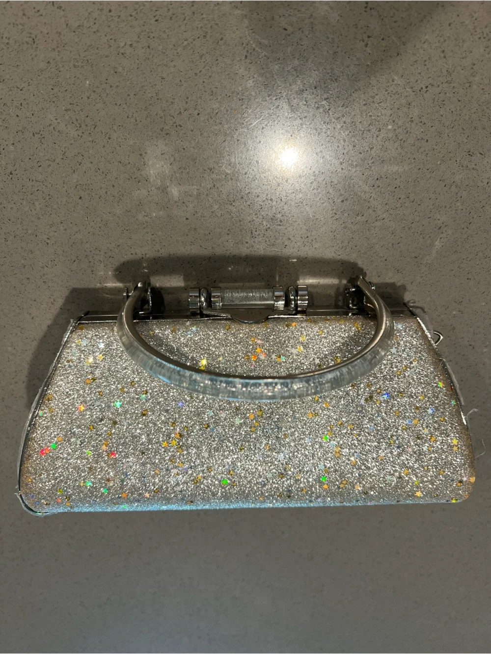 Silver Glitter Star Clutch Bag with Chain Strap
